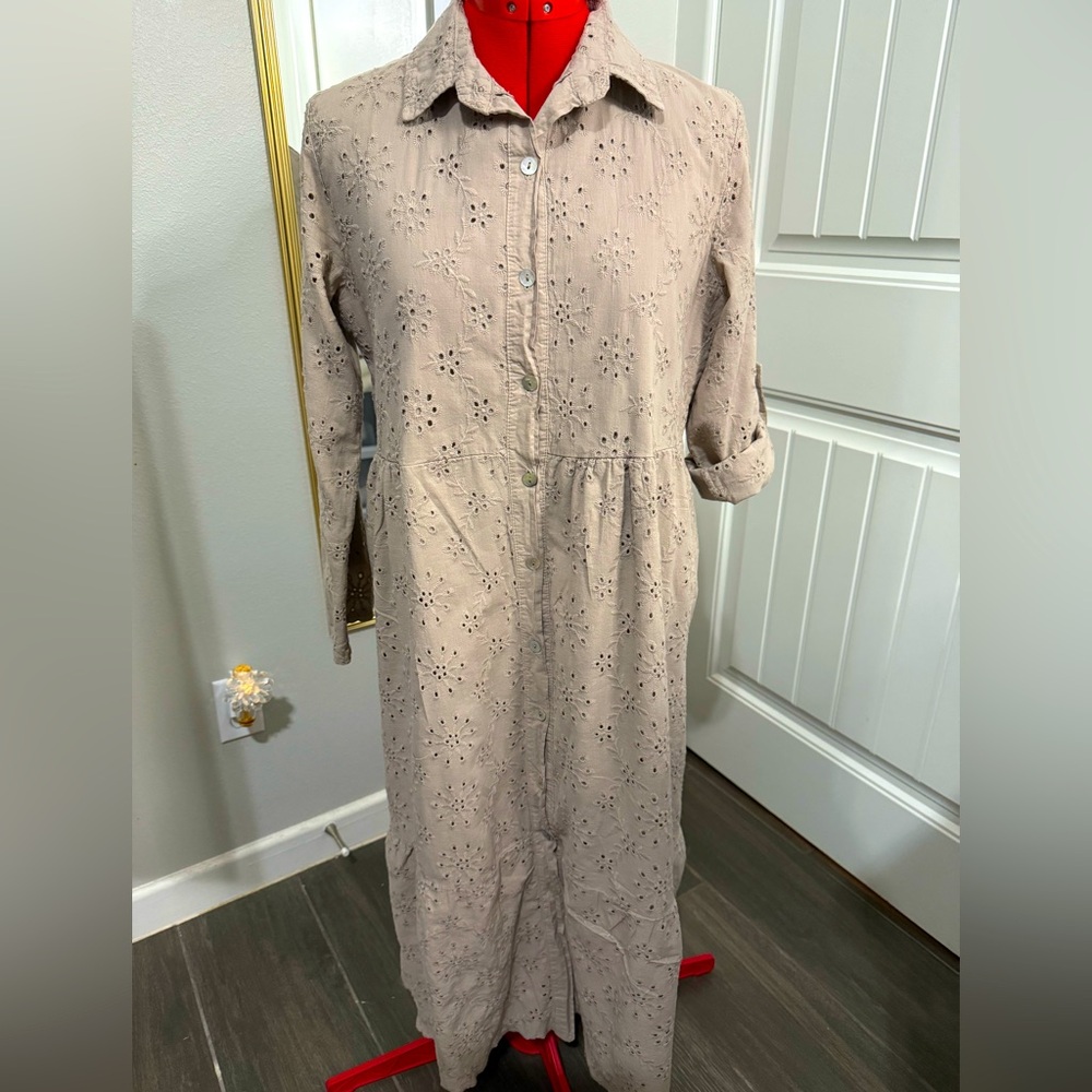 Laura Bianchi Eyelet Italian Dress S Taupe Beige Midi 100% Cotton, Cottage Core